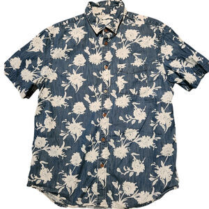 Old Navy Slim Fit Denim Floral Button Up Shirt Men’s Large Blue White